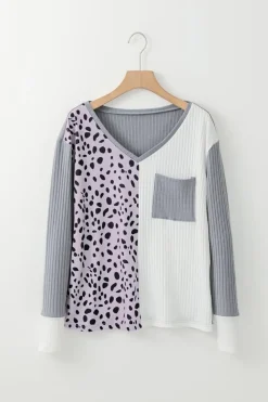 Clearance Dear-Lover Patchwork Ribbed Color Block V Neck Top Leopard