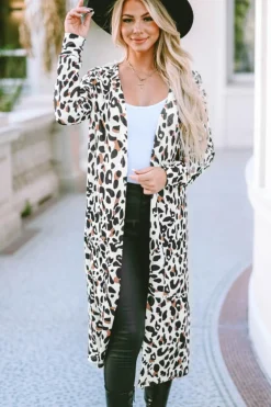 Online Dear-Lover Pocketed Open Front Duster Cardigan Leopard
