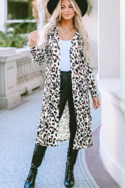 Online Dear-Lover Pocketed Open Front Duster Cardigan Leopard