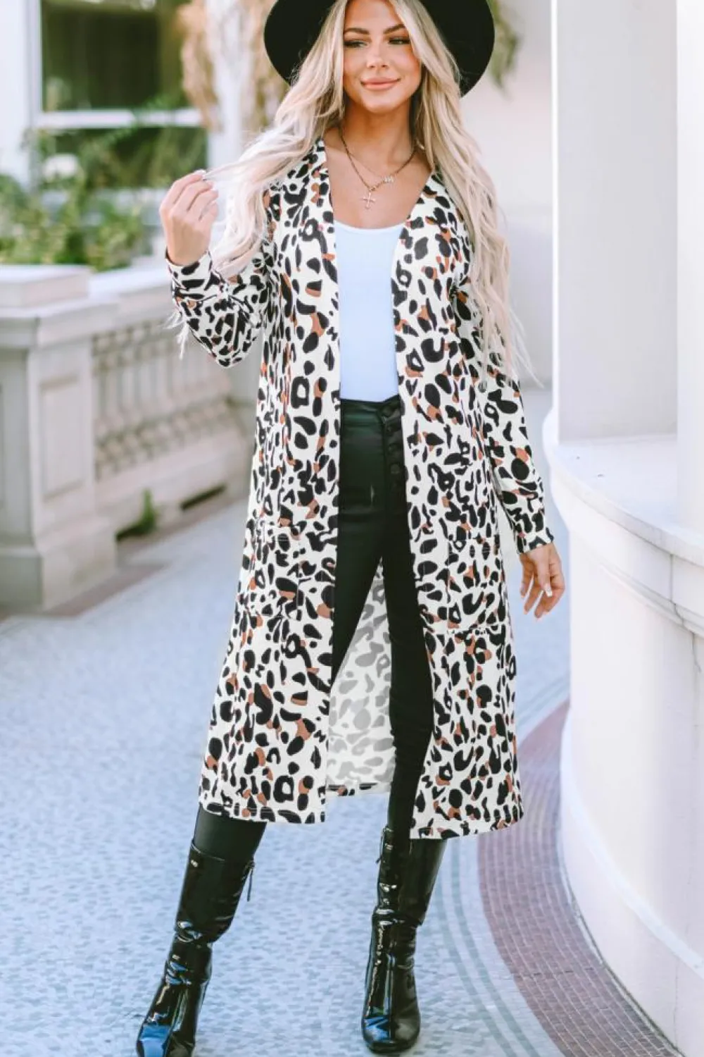 Online Dear-Lover Pocketed Open Front Duster Cardigan Leopard