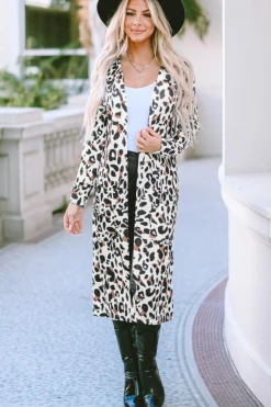 Online Dear-Lover Pocketed Open Front Duster Cardigan Leopard