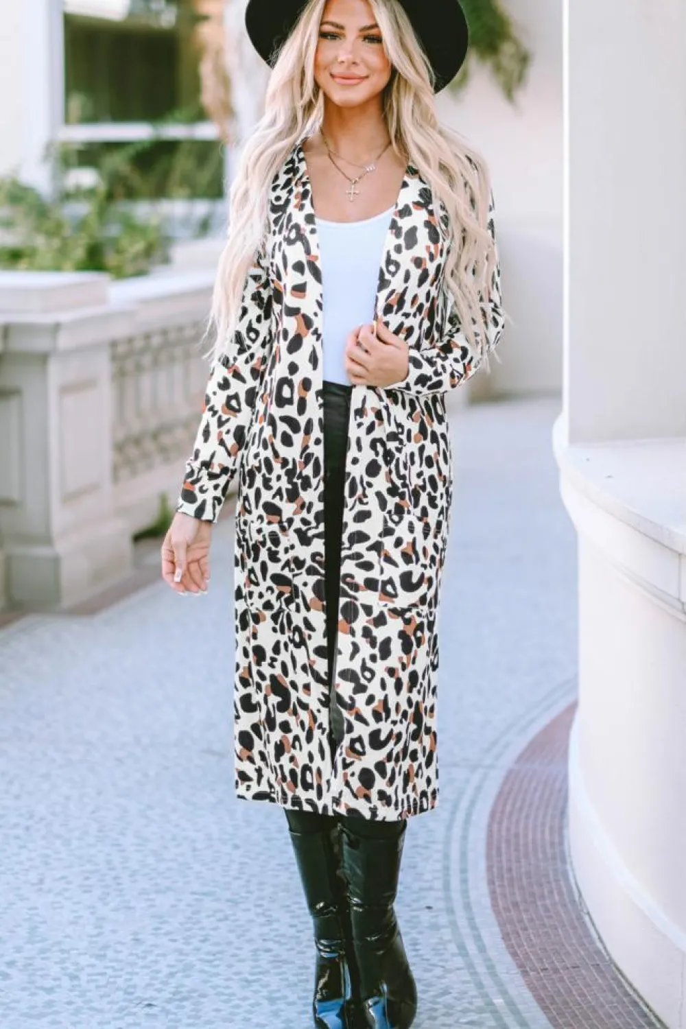 Online Dear-Lover Pocketed Open Front Duster Cardigan Leopard