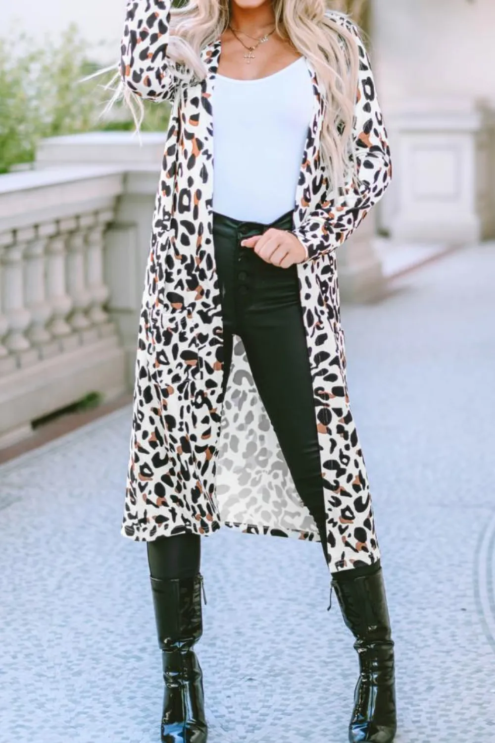 Online Dear-Lover Pocketed Open Front Duster Cardigan Leopard
