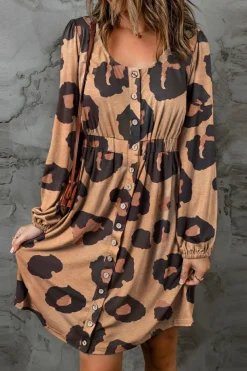 Outlet Dear-Lover Print Button Front Bubble Sleeve Loose Knit Dress Leopard