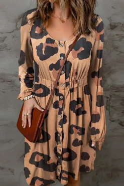 Outlet Dear-Lover Print Button Front Bubble Sleeve Loose Knit Dress Leopard