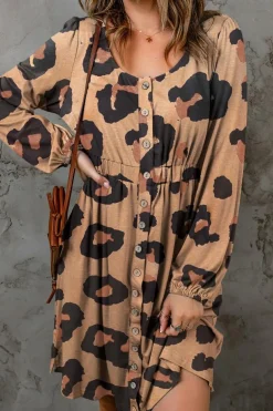 Outlet Dear-Lover Print Button Front Bubble Sleeve Loose Knit Dress Leopard