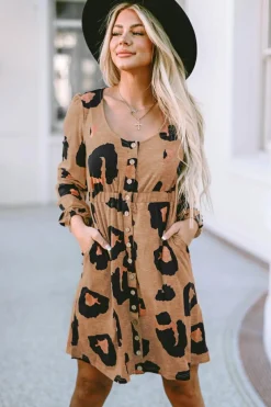Outlet Dear-Lover Print Button Front Bubble Sleeve Loose Knit Dress Leopard
