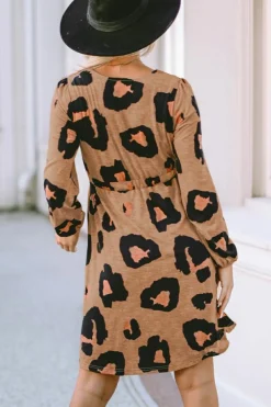 Outlet Dear-Lover Print Button Front Bubble Sleeve Loose Knit Dress Leopard