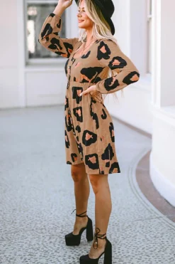 Outlet Dear-Lover Print Button Front Bubble Sleeve Loose Knit Dress Leopard