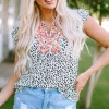 Online Dear-Lover Ruffle Shoulder Embellished V-neck Sleeveless Top Leopard