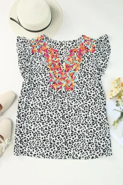 Online Dear-Lover Ruffle Shoulder Embellished V-neck Sleeveless Top Leopard