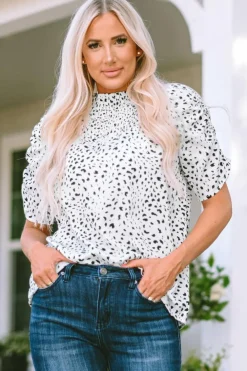 Clearance Dear-Lover Smocking Detail Bubble Sleeve Blouse Leopard