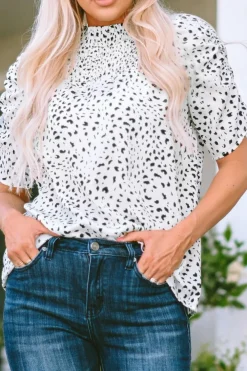 Clearance Dear-Lover Smocking Detail Bubble Sleeve Blouse Leopard