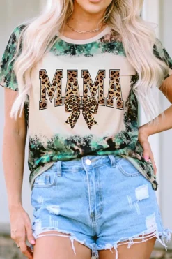 Fashion Dear-Lover Tie Dye MAMA Bow Print Graphic Tee Leopard