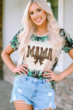 Fashion Dear-Lover Tie Dye MAMA Bow Print Graphic Tee Leopard