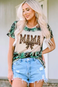 Fashion Dear-Lover Tie Dye MAMA Bow Print Graphic Tee Leopard