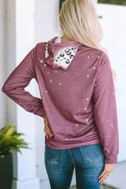 Online Dear-Lover Leopard Tie Dye Print Kangaroo Pocket Pullover Hoodie Fiery Red
