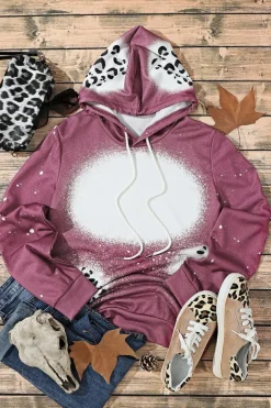 Online Dear-Lover Leopard Tie Dye Print Kangaroo Pocket Pullover Hoodie Fiery Red