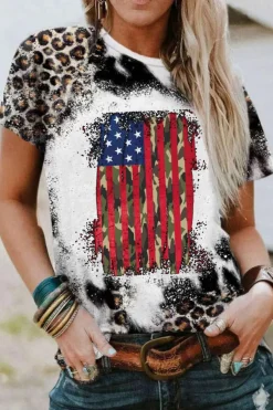 Fashion Dear-Lover Vintage American Flag Graphic T Shirt Leopard