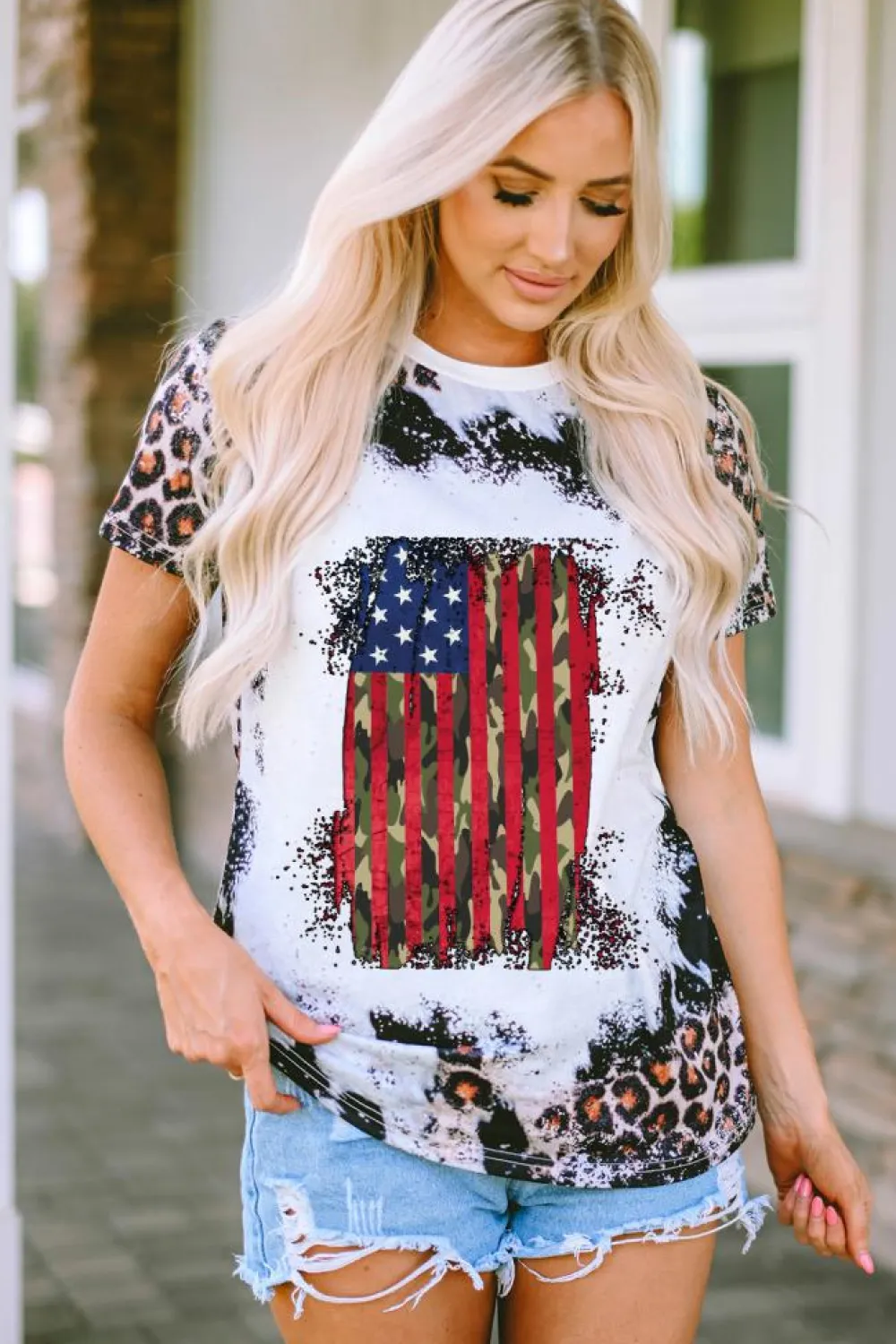 Fashion Dear-Lover Vintage American Flag Graphic T Shirt Leopard