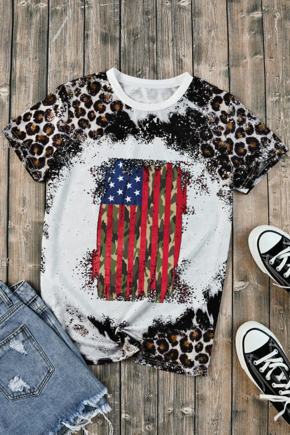 Fashion Dear-Lover Vintage American Flag Graphic T Shirt Leopard