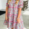Online Dear-Lover Abstract Printed Ricrac Tiered Puff Sleeve Dress Light Blue