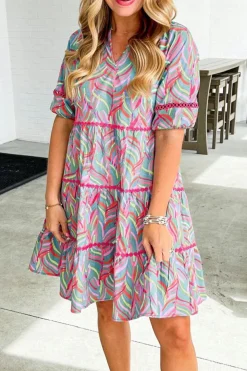 Online Dear-Lover Abstract Printed Ricrac Tiered Puff Sleeve Dress Light Blue