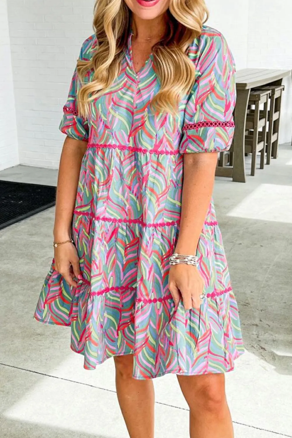 Online Dear-Lover Abstract Printed Ricrac Tiered Puff Sleeve Dress Light Blue