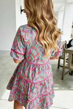 Online Dear-Lover Abstract Printed Ricrac Tiered Puff Sleeve Dress Light Blue