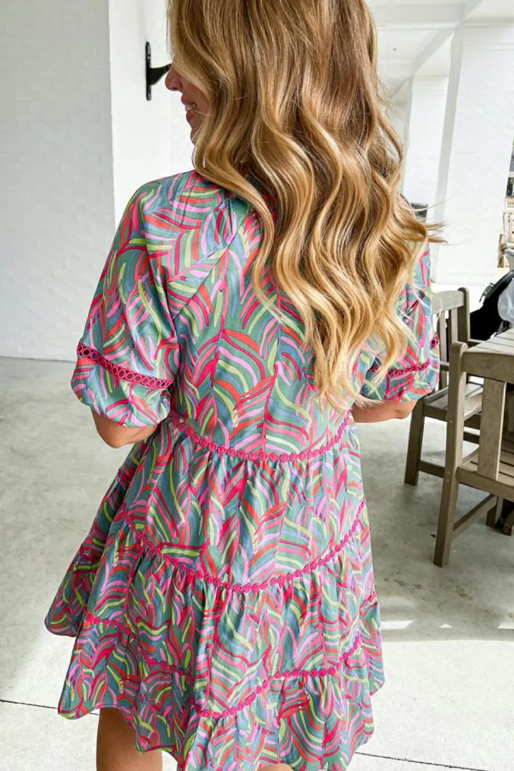 Online Dear-Lover Abstract Printed Ricrac Tiered Puff Sleeve Dress Light Blue