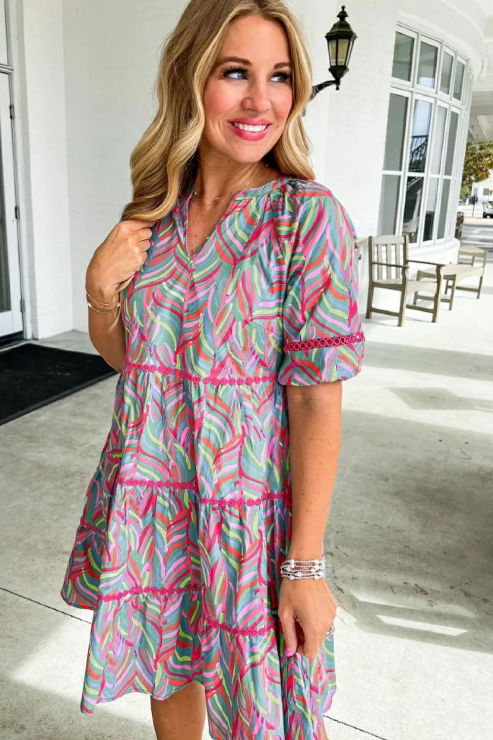 Online Dear-Lover Abstract Printed Ricrac Tiered Puff Sleeve Dress Light Blue
