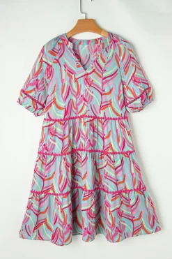 Online Dear-Lover Abstract Printed Ricrac Tiered Puff Sleeve Dress Light Blue