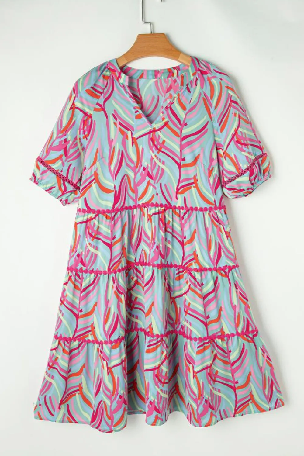 Online Dear-Lover Abstract Printed Ricrac Tiered Puff Sleeve Dress Light Blue