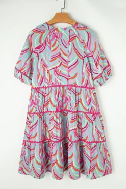 Online Dear-Lover Abstract Printed Ricrac Tiered Puff Sleeve Dress Light Blue