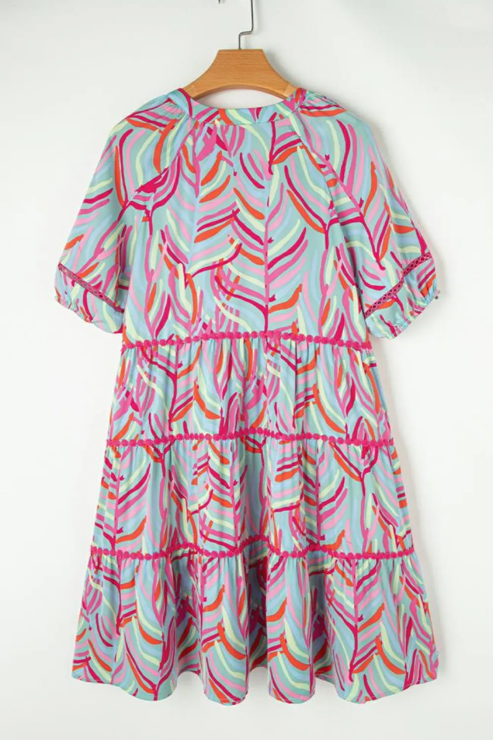 Online Dear-Lover Abstract Printed Ricrac Tiered Puff Sleeve Dress Light Blue