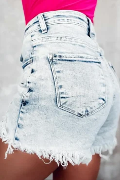 New Dear-Lover Acid Wash Crossed Raw Edge Denim Shorts Light Blue
