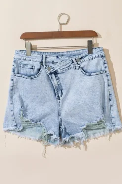 New Dear-Lover Acid Wash Crossed Raw Edge Denim Shorts Light Blue