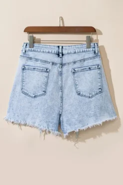 New Dear-Lover Acid Wash Crossed Raw Edge Denim Shorts Light Blue