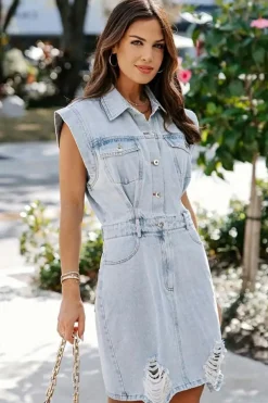 Outlet Dear-Lover Acid Wash Flap Pockets Frayed Denim Dress Light Blue