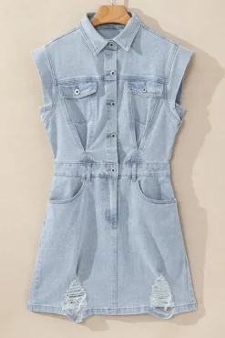 Outlet Dear-Lover Acid Wash Flap Pockets Frayed Denim Dress Light Blue