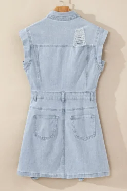 Outlet Dear-Lover Acid Wash Flap Pockets Frayed Denim Dress Light Blue