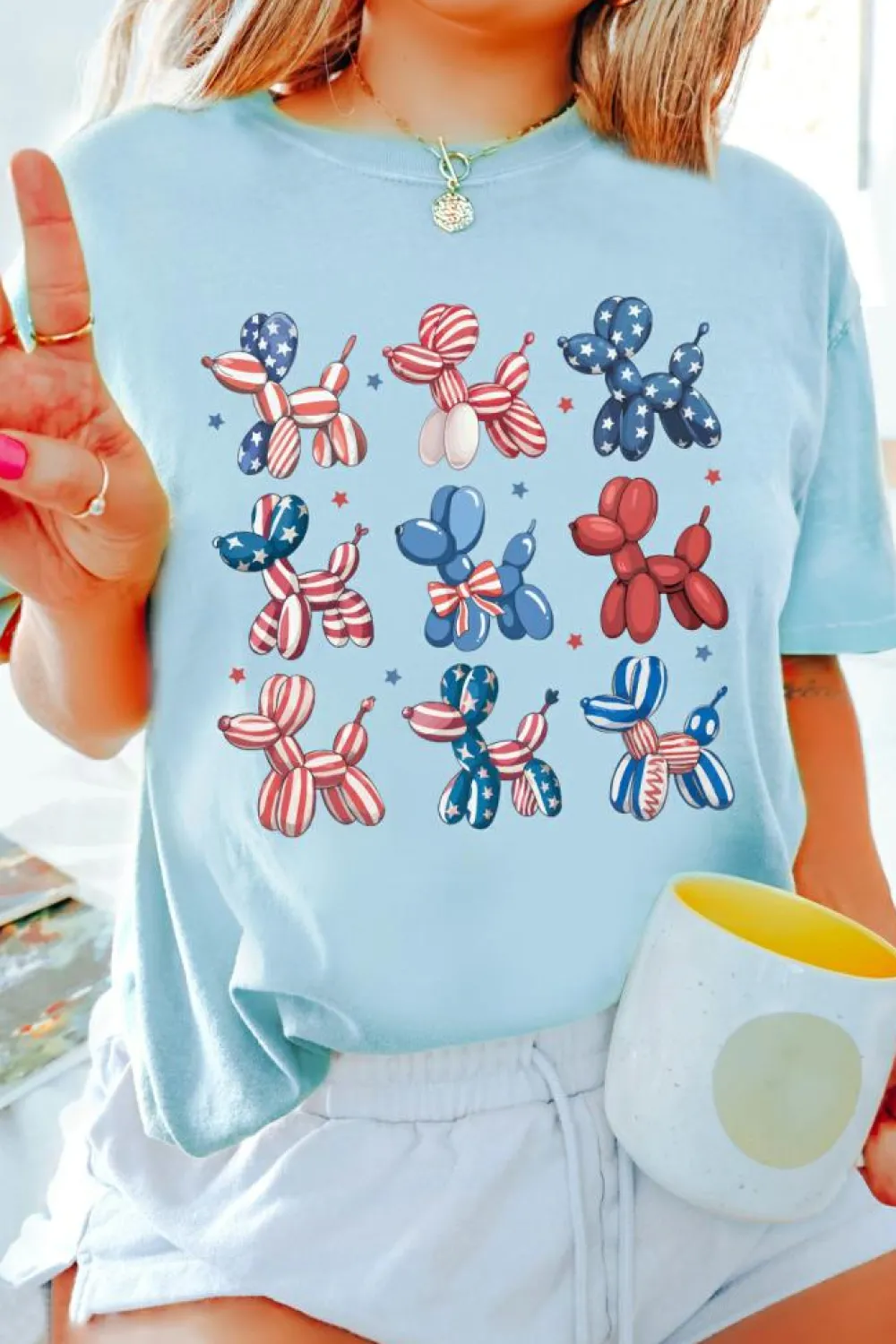 Fashion Dear-Lover American Flag Balloon Dogs Print Crew Neck T Shirt Light Blue