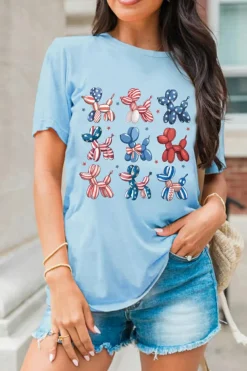 Fashion Dear-Lover American Flag Balloon Dogs Print Crew Neck T Shirt Light Blue