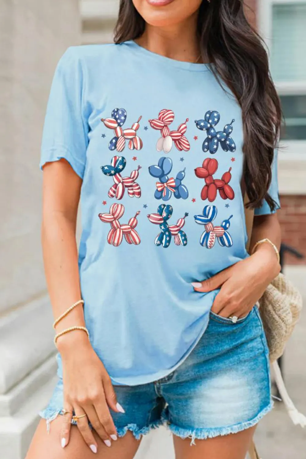 Fashion Dear-Lover American Flag Balloon Dogs Print Crew Neck T Shirt Light Blue