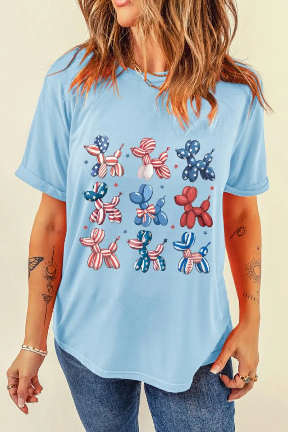 Fashion Dear-Lover American Flag Balloon Dogs Print Crew Neck T Shirt Light Blue