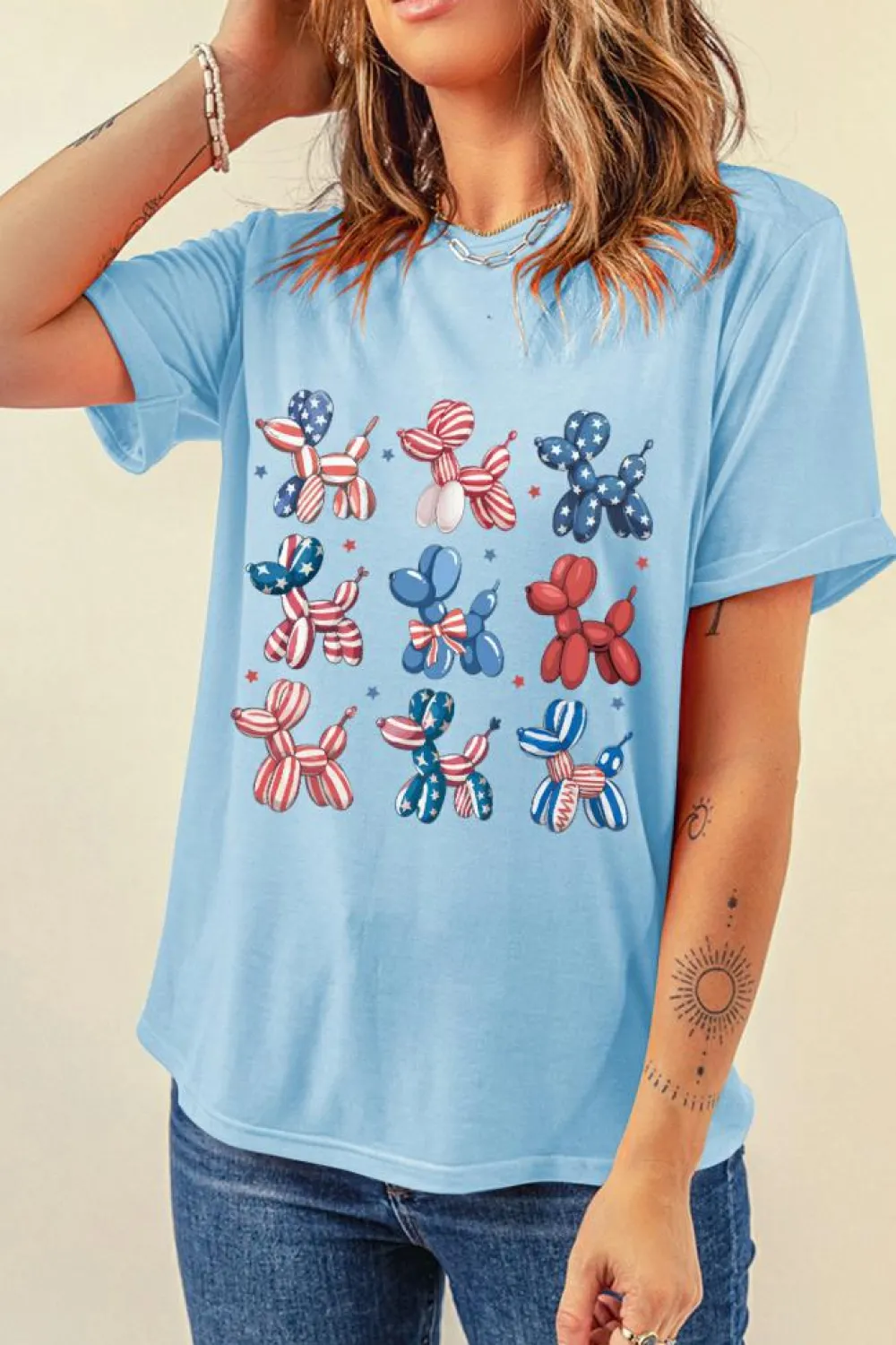 Fashion Dear-Lover American Flag Balloon Dogs Print Crew Neck T Shirt Light Blue
