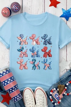 Fashion Dear-Lover American Flag Balloon Dogs Print Crew Neck T Shirt Light Blue