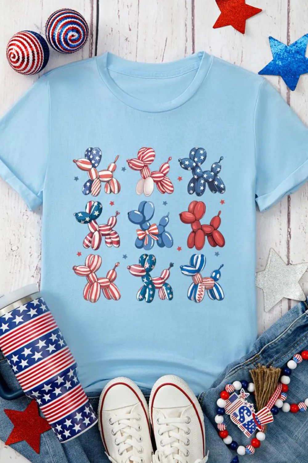Fashion Dear-Lover American Flag Balloon Dogs Print Crew Neck T Shirt Light Blue