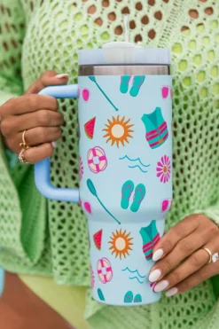Hot Dear-Lover Beach Day Fun Pattern Cup with Handle 40oz Light Blue