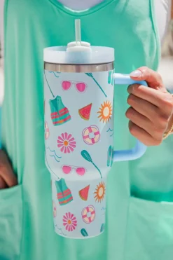 Hot Dear-Lover Beach Day Fun Pattern Cup with Handle 40oz Light Blue
